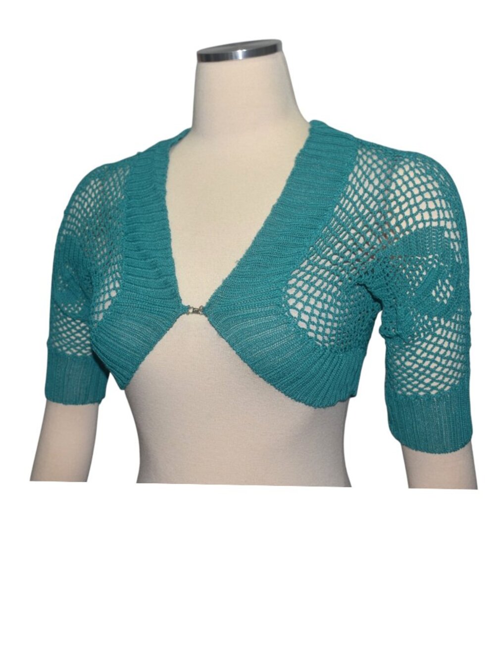 Y2K 2000s Forever 21 Crochet Shrug Bolero Turquoise Teal Open Knit Fairy XS S